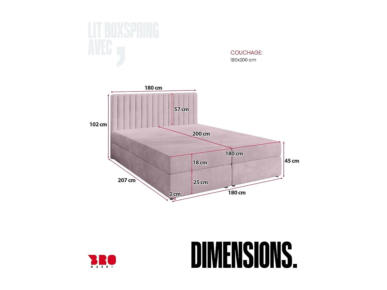 Lit boxspring avec rangement DREAM - matelas - surmatelas - rose - 180x200 cm
