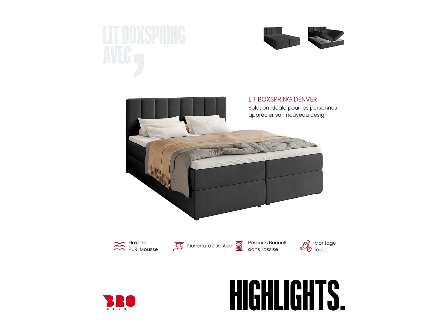 Lit boxspring avec rangement DENVER - matelas - surmatelas - gris foncé - 160x200 cm