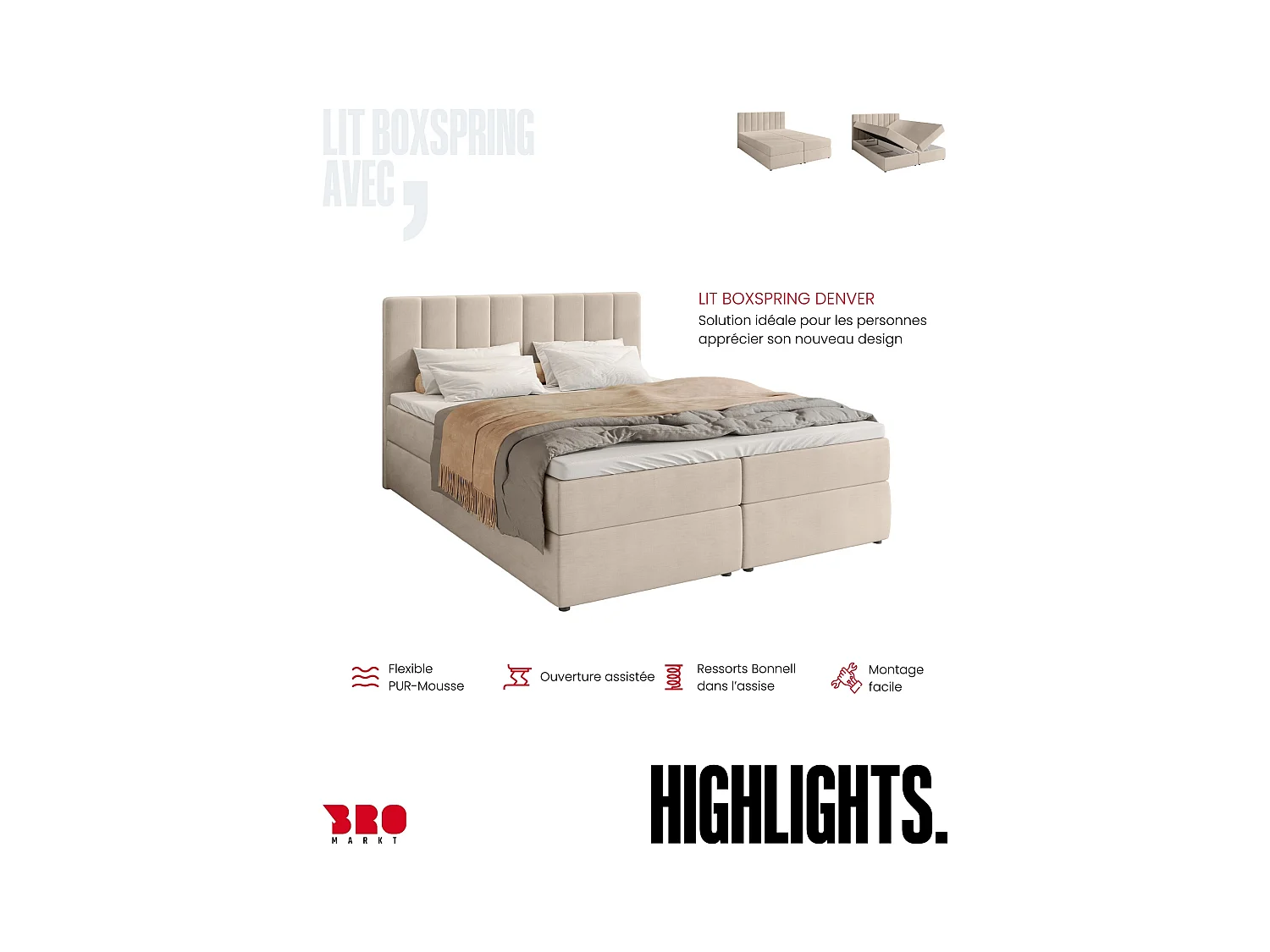 Lit boxspring avec rangement DENVER - matelas - surmatelas - beige - 160x200 cm