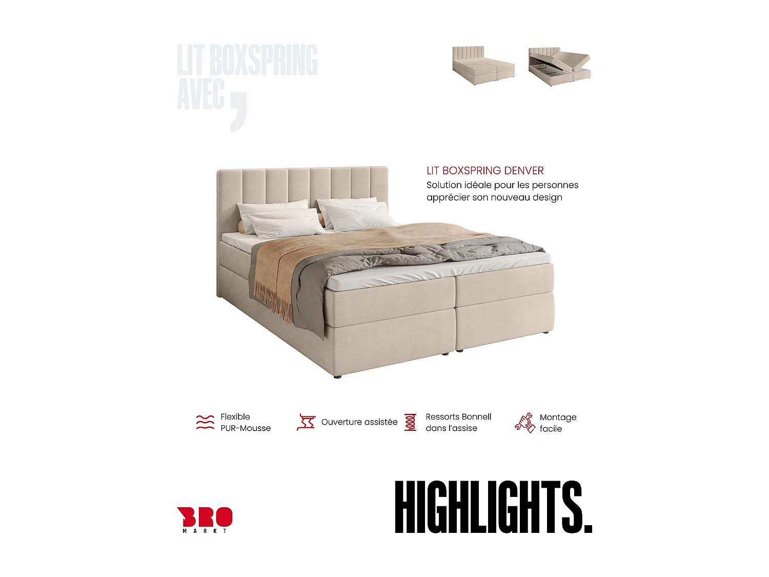 Lit boxspring avec rangement DENVER - matelas - surmatelas - beige - 160x200 cm