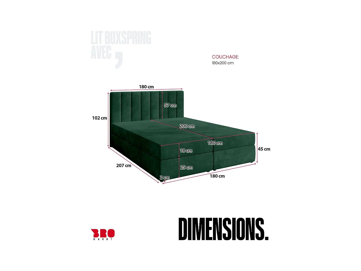 Boxspringbed met hoofdeinde, matras en dekmatras - DENVER - 180x200 - groente