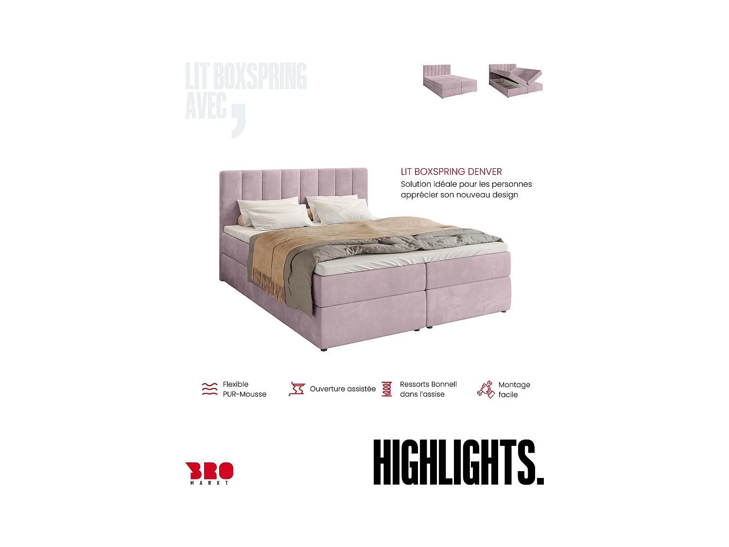 Boxspringbed met hoofdeinde, matras en dekmatras - DENVER - 180x200 - poederroze