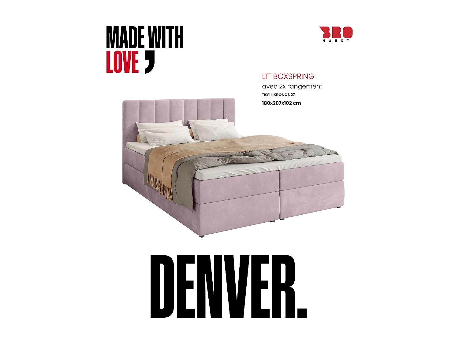 Lit boxspring avec rangement DENVER - matelas - surmatelas - rose - 180x200 cm