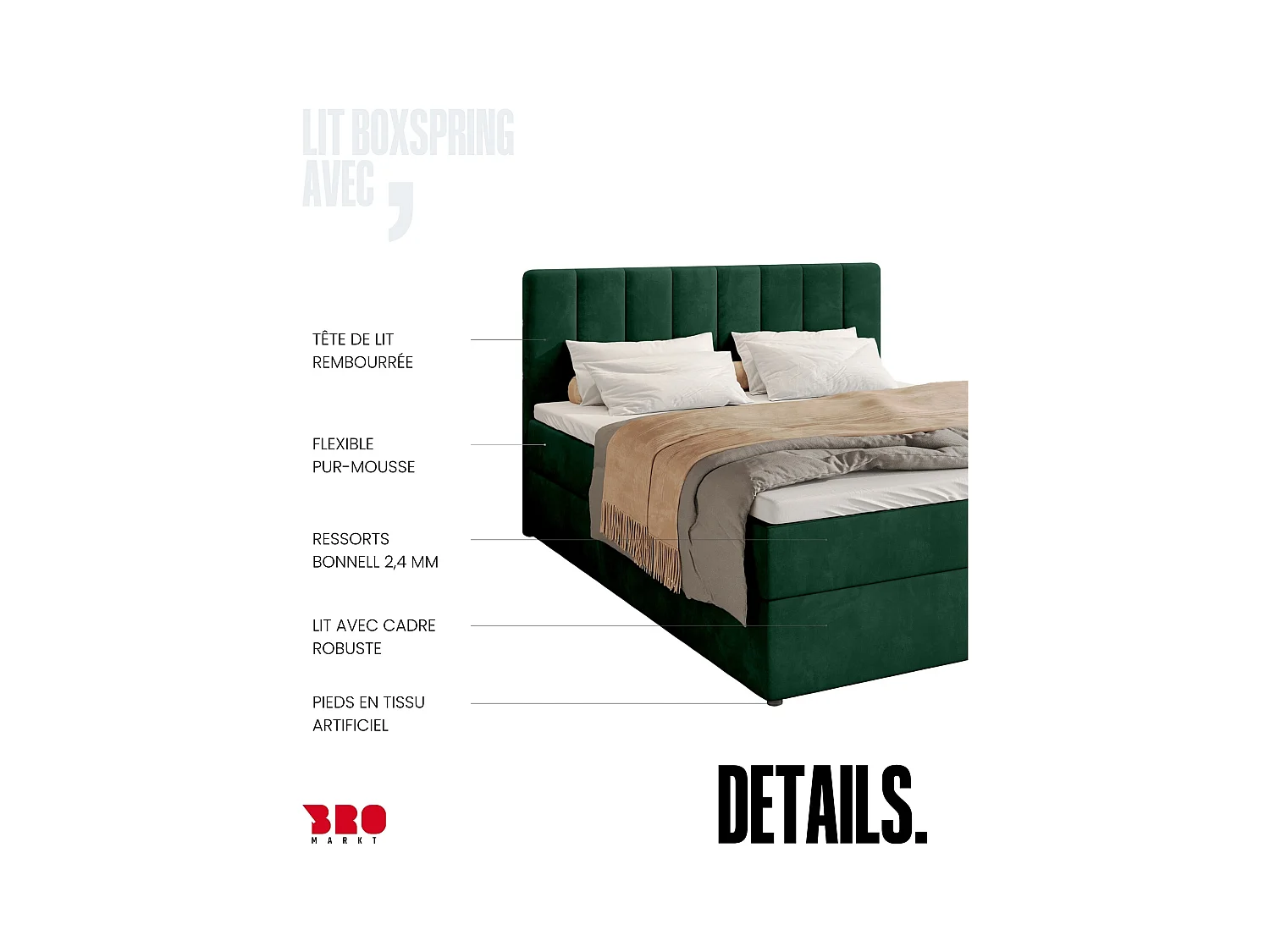 Boxspringbed met hoofdeinde, matras en dekmatras - DENVER - 160x200 - groente