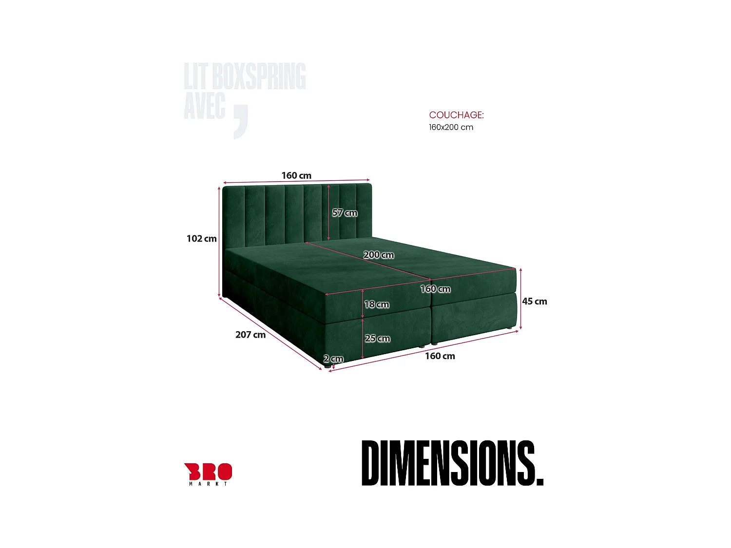 Boxspringbed met hoofdeinde, matras en dekmatras - DENVER - 160x200 - groente
