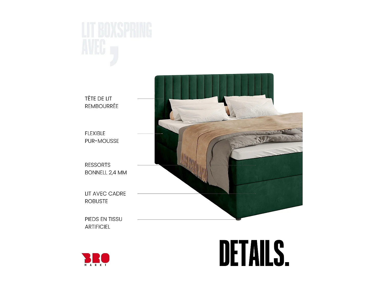 Lit boxspring avec rangement DREAM - matelas - surmatelas - vert - 160x200 cm