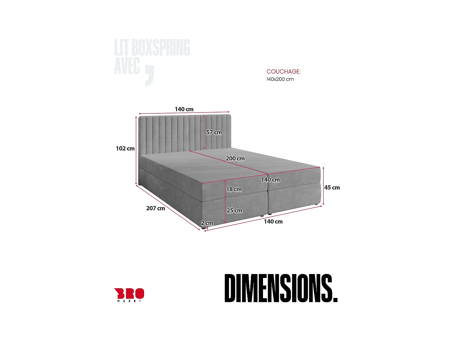 Boxspringbed met hoofdeinde, matras en dekmatras - DREAM - 140x200 - grijs