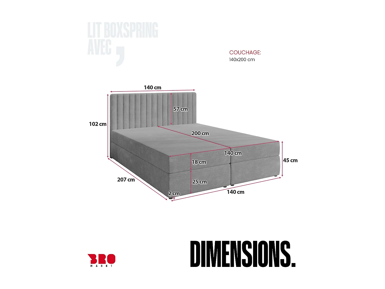 Lit boxspring avec rangement DREAM - matelas - surmatelas - gris - 140x200 cm