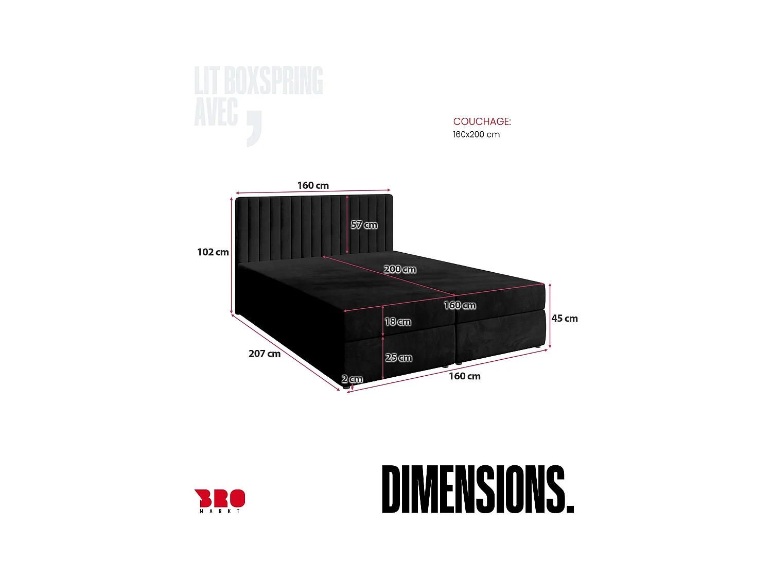 Boxspringbed met hoofdeinde, matras en dekmatras - DREAM - 160x200 - zwart