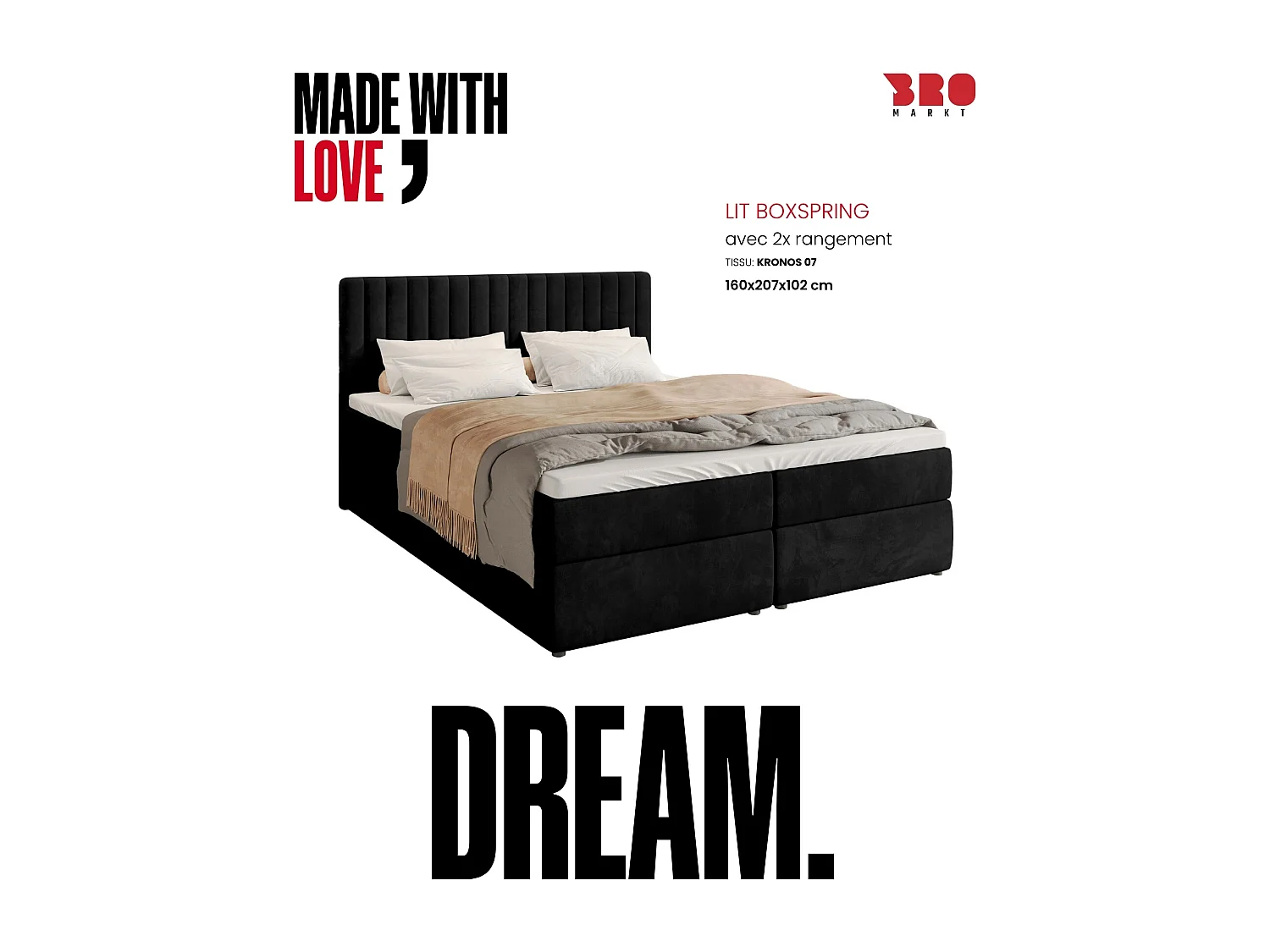 Lit boxspring avec rangement DREAM - matelas - surmatelas - noir - 160x200 cm