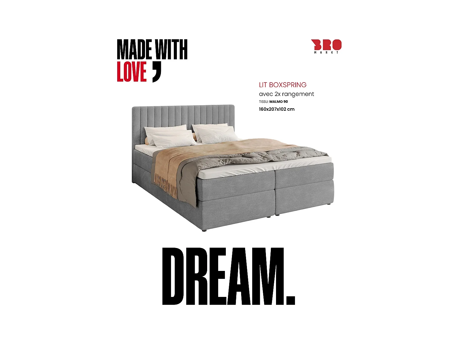 Boxspringbed met hoofdeinde, matras en dekmatras - DREAM - 160x200 - grijs