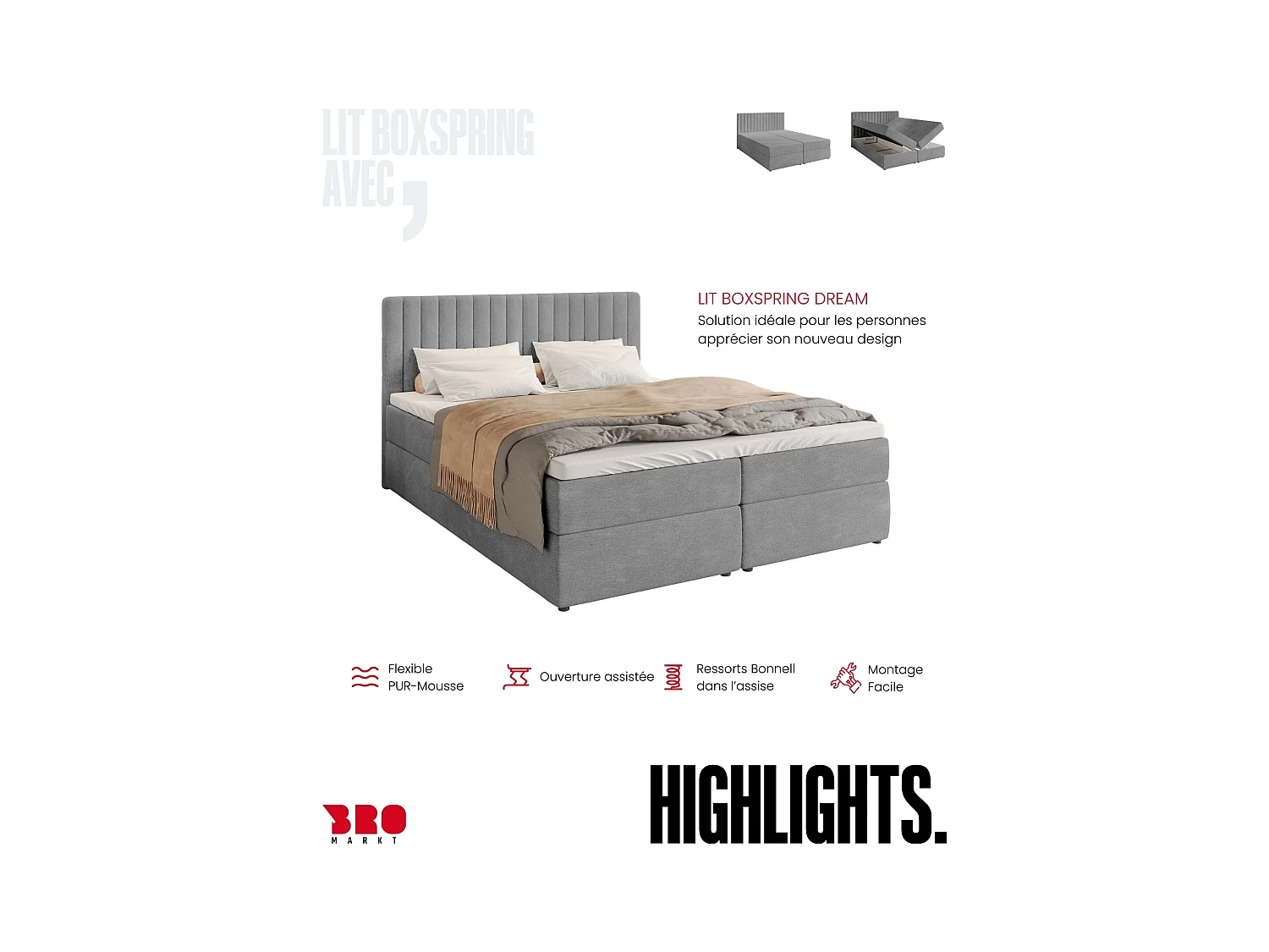 Boxspringbed met hoofdeinde, matras en dekmatras - DREAM - 160x200 - grijs