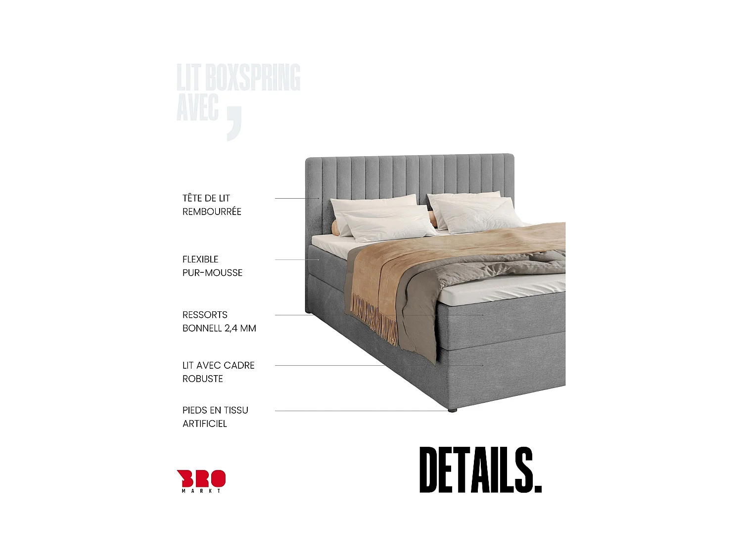 Boxspringbed met hoofdeinde, matras en dekmatras - DREAM - 160x200 - grijs