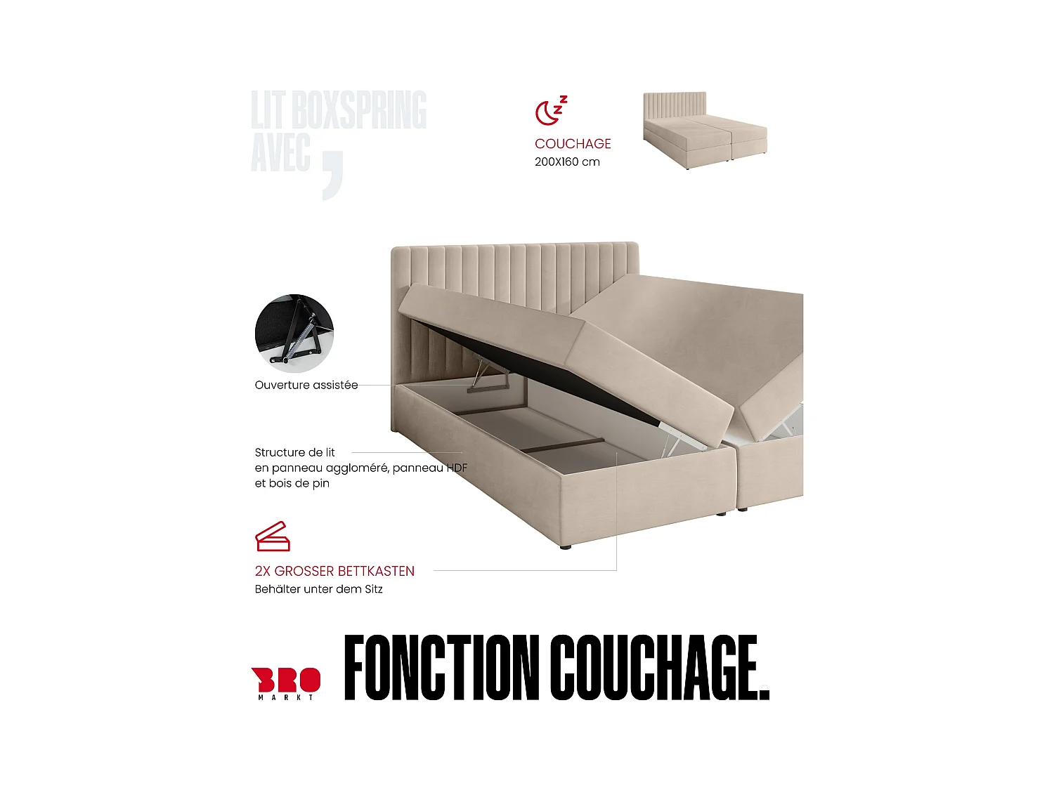 Boxspringbed met hoofdeinde, matras en dekmatras - DREAM - 160x200 - grijs