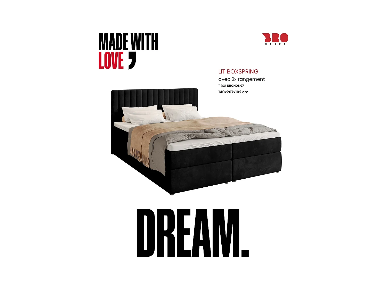 Boxspringbed met hoofdeinde, matras en dekmatras - DREAM - 140x200 - zwart