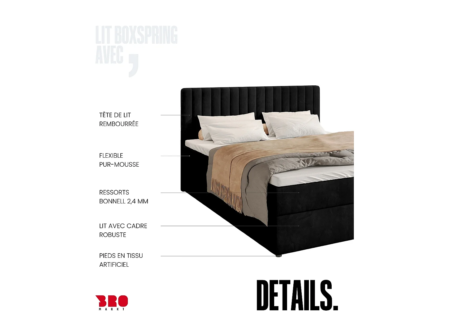 Lit boxspring avec rangement DREAM - matelas - surmatelas - noir - 140x200 cm
