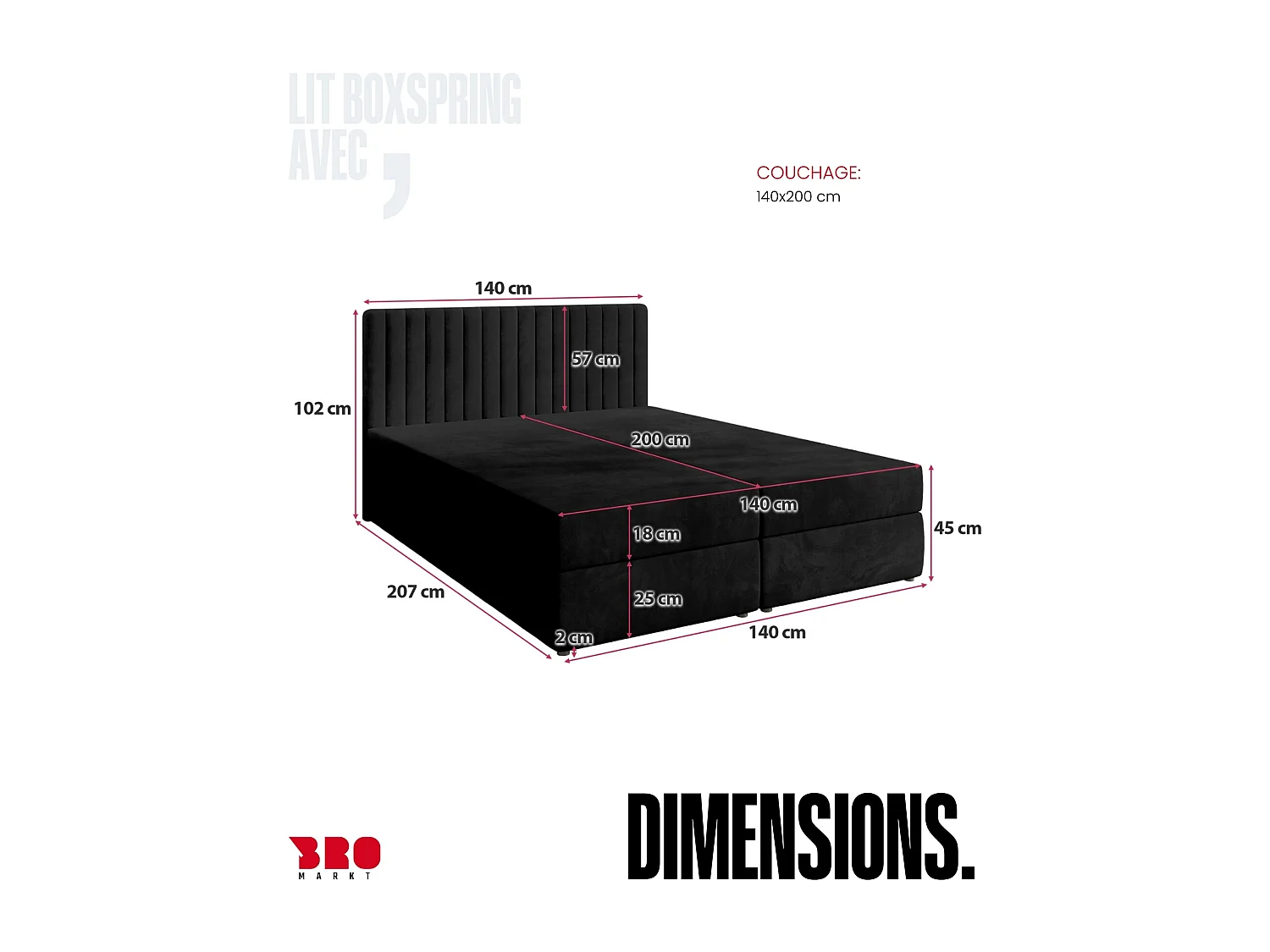Lit boxspring avec rangement DREAM - matelas - surmatelas - noir - 140x200 cm