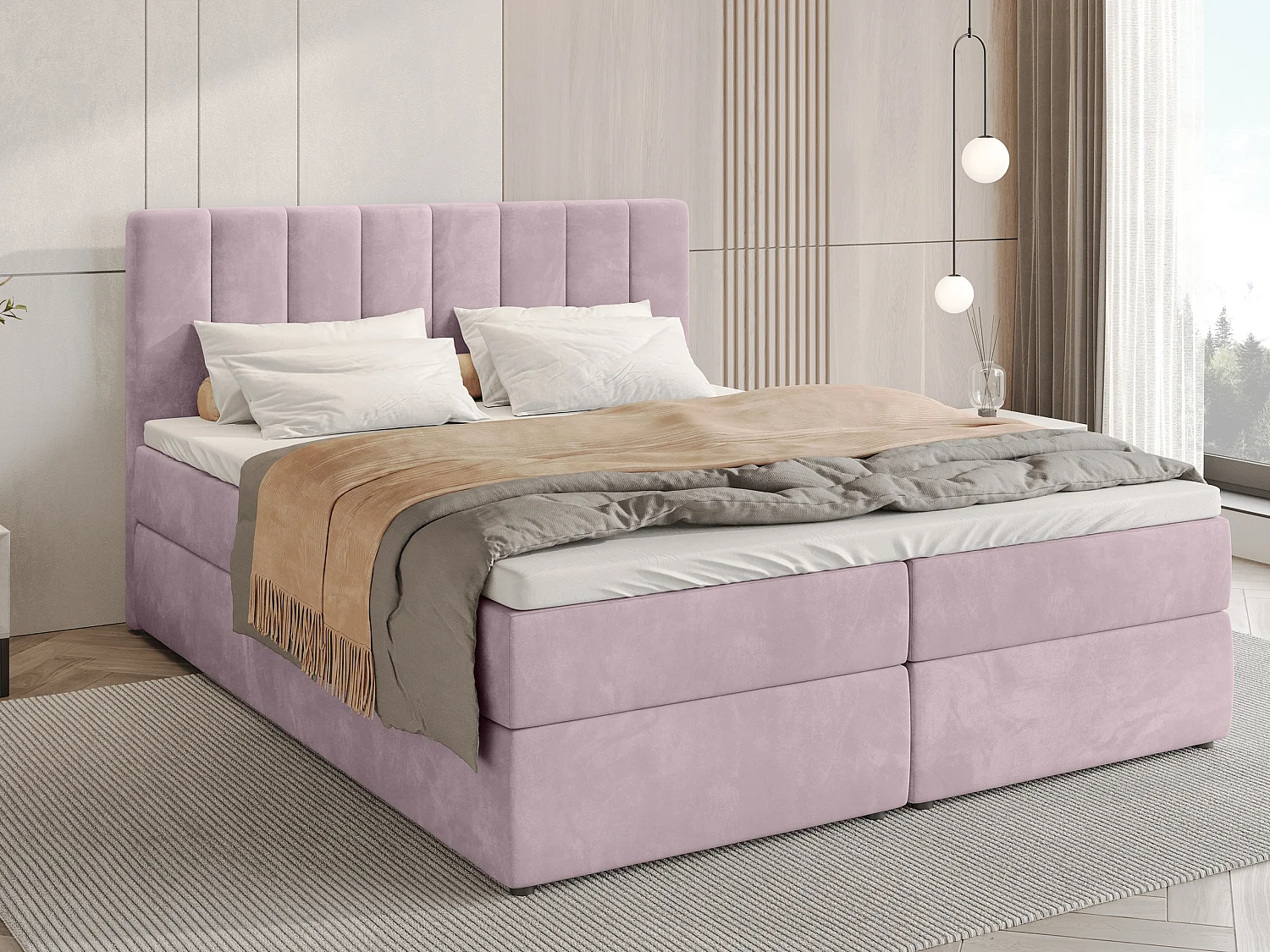 Lit boxspring avec rangement DENVER - matelas - surmatelas - rose - 140x200 cm