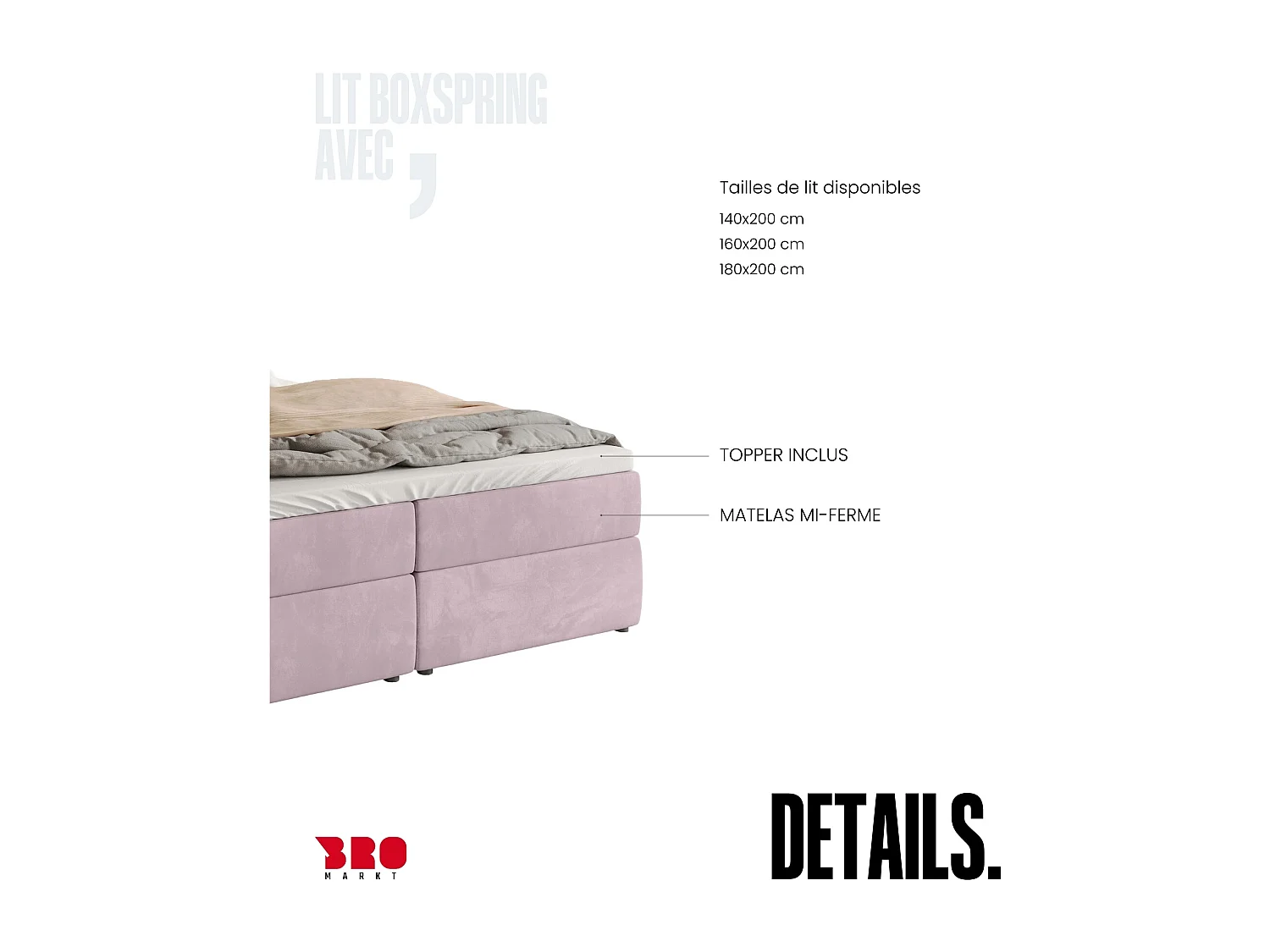 Lit boxspring avec rangement DENVER - matelas - surmatelas - rose - 140x200 cm