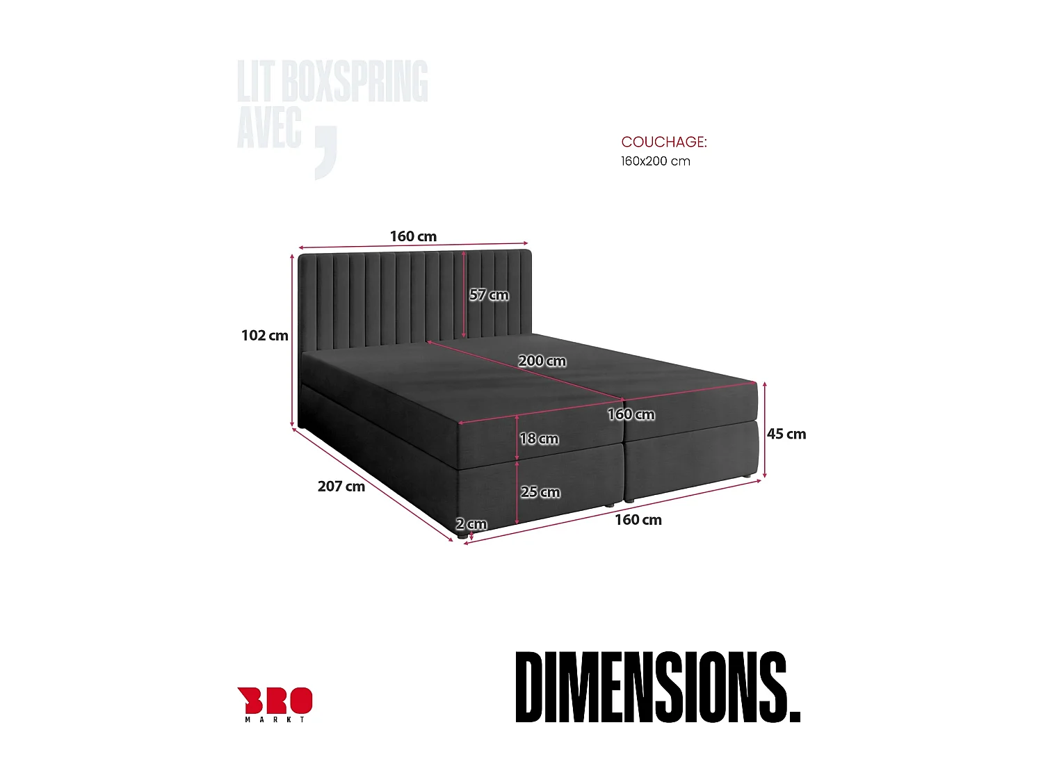 Lit boxspring avec rangement DREAM - matelas - surmatelas - gris foncé - 160x200 cm