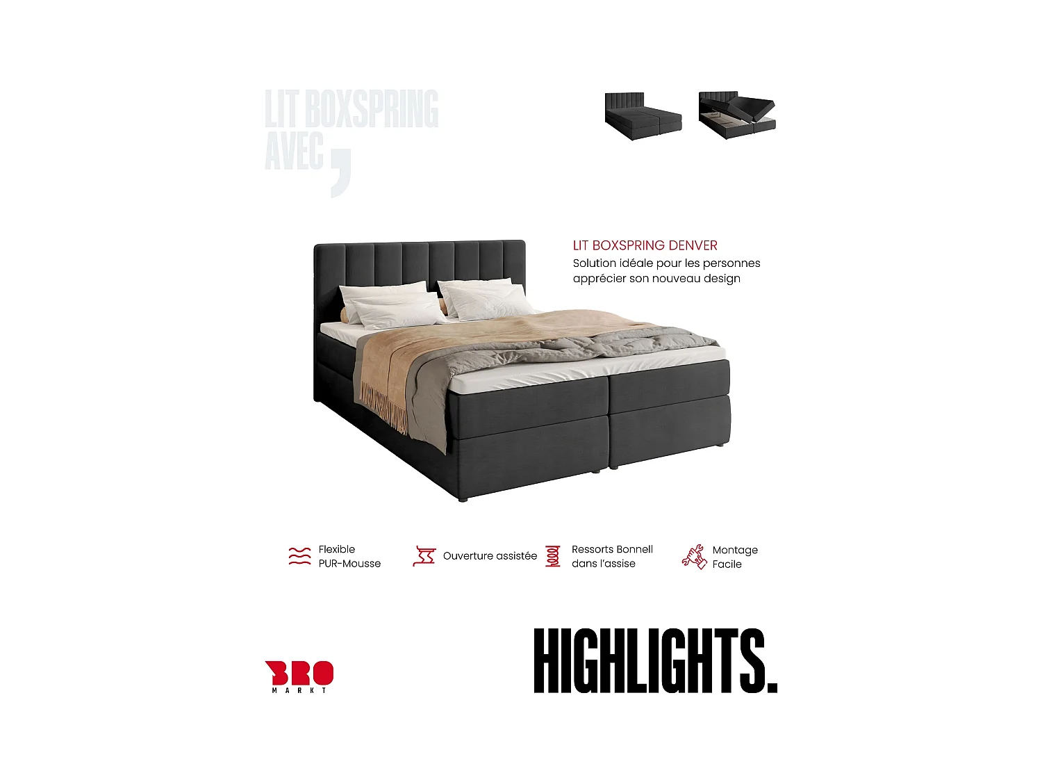 Boxspringbed met hoofdeinde, matras en dekmatras - DENVER - 140x200 - donkergrijs