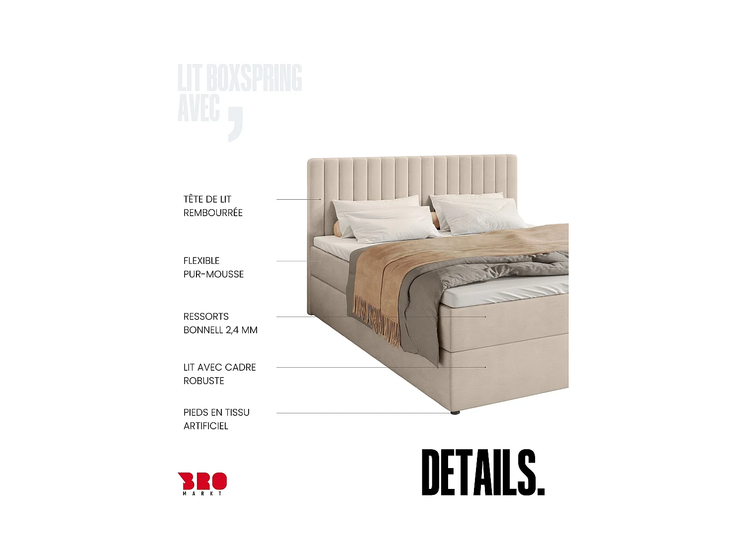 Boxspringbed met hoofdeinde, matras en dekmatras - DREAM - 140x200 - beige