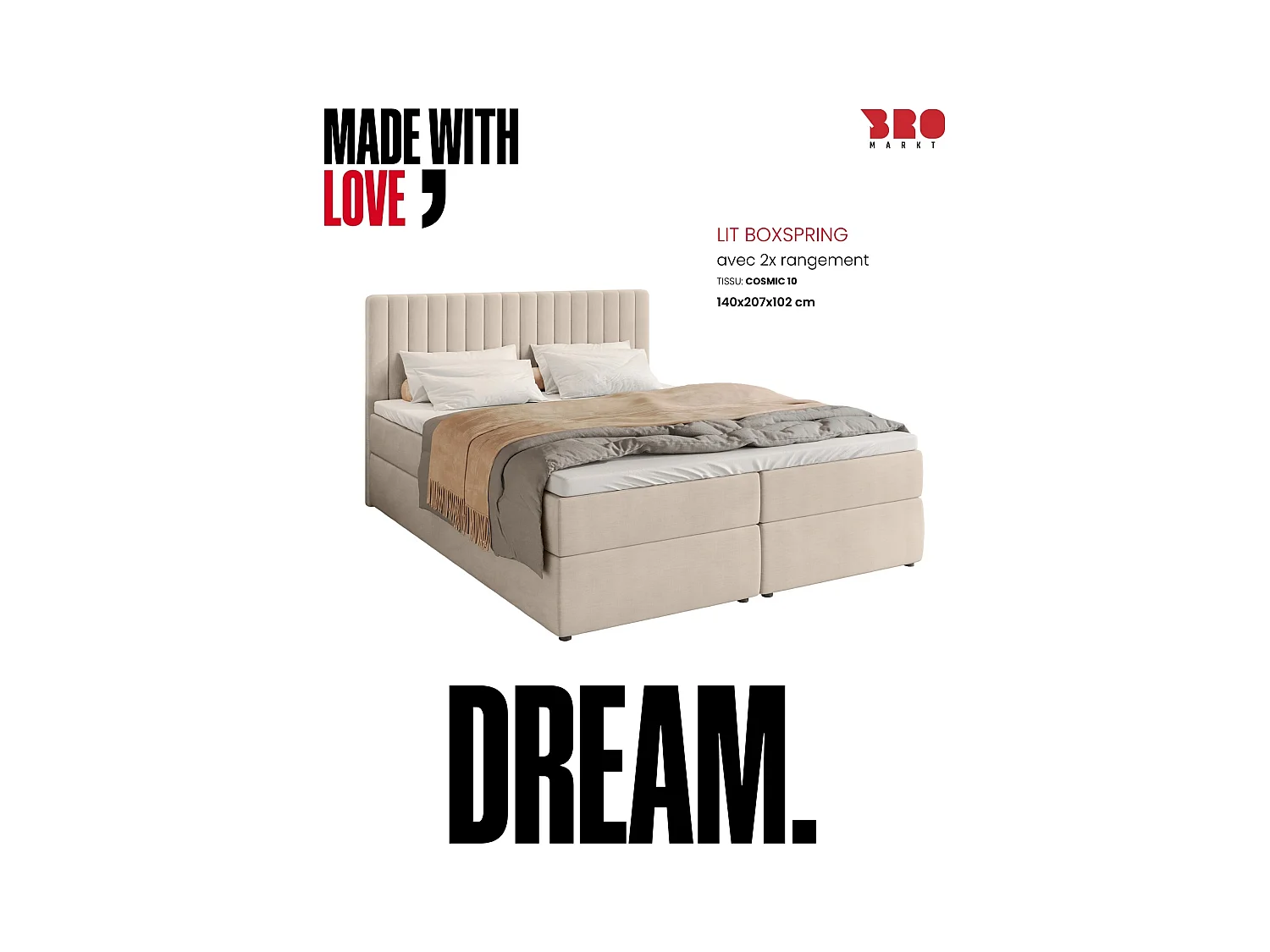 Lit boxspring avec rangement DREAM - matelas - surmatelas - beige - 140x200 cm