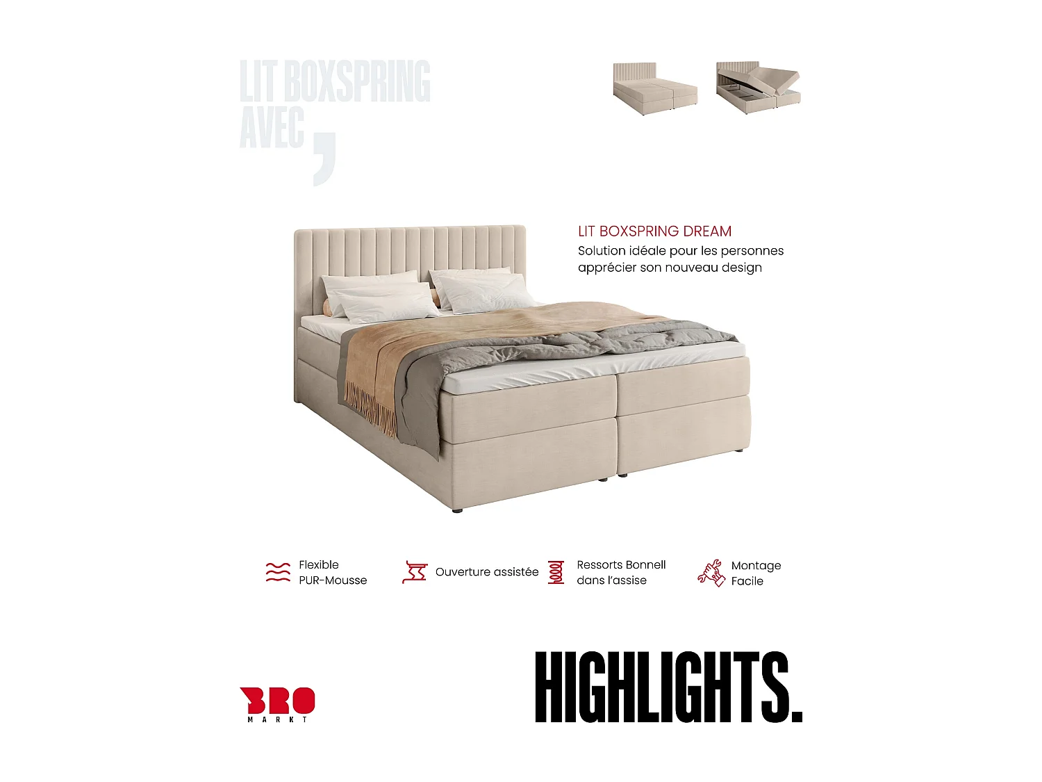 Lit boxspring avec rangement DREAM - matelas - surmatelas - beige - 140x200 cm