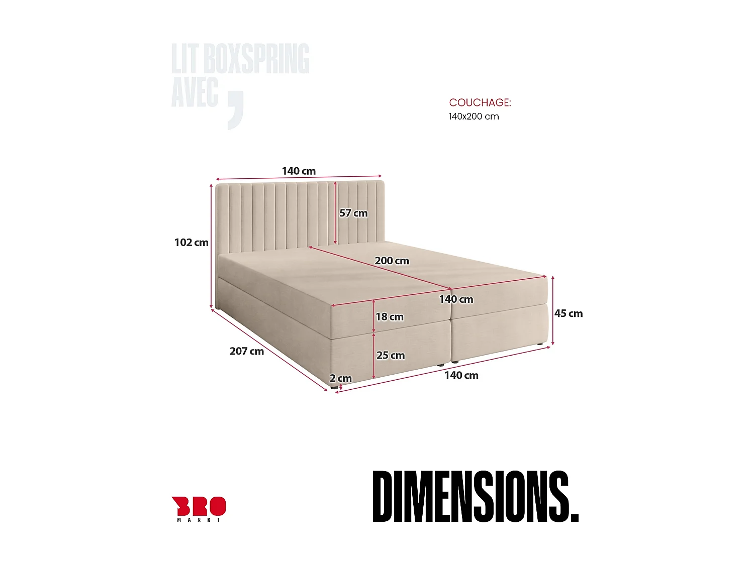 Lit boxspring avec rangement DREAM - matelas - surmatelas - beige - 140x200 cm