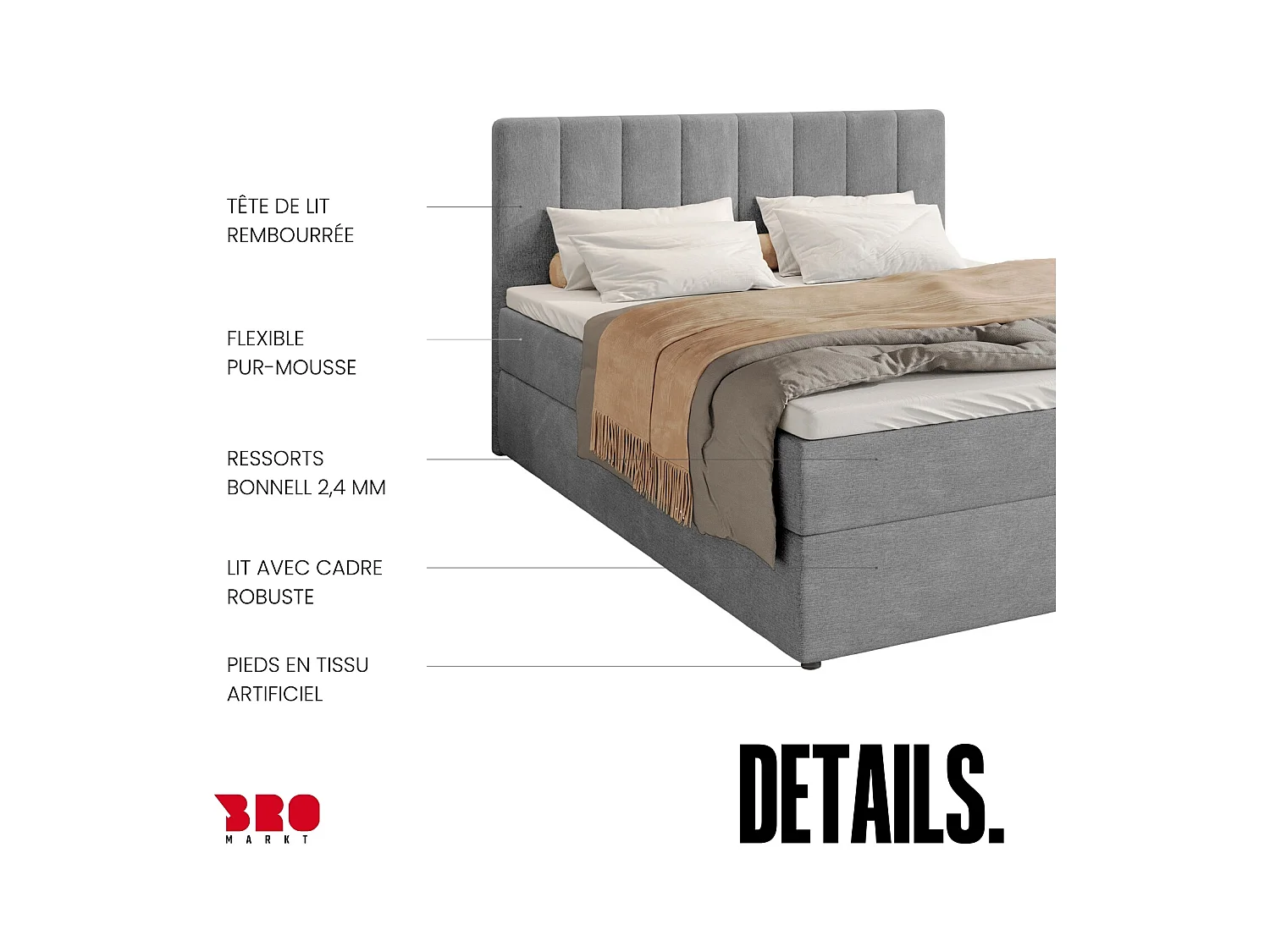 Boxspringbed met hoofdeinde, matras en dekmatras - DENVER - 180x200 - grijs