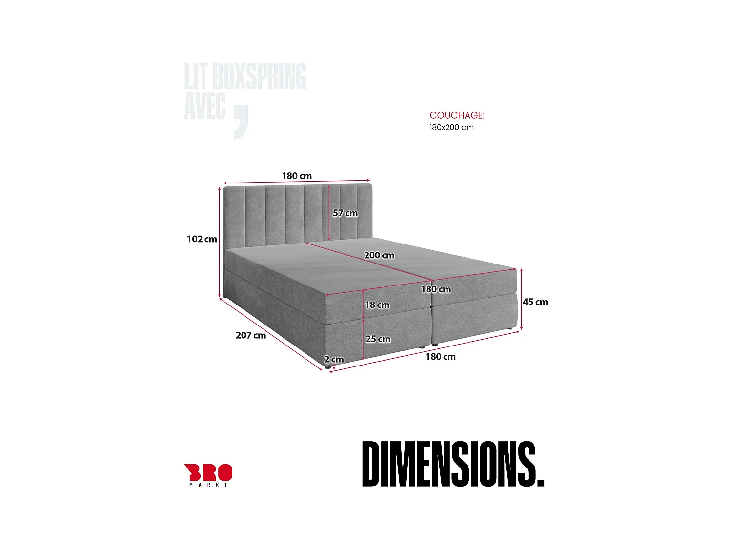 Boxspringbed met hoofdeinde, matras en dekmatras - DENVER - 180x200 - grijs