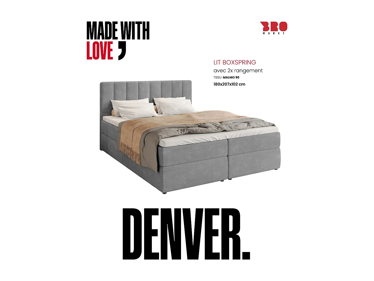 Lit boxspring avec rangement DENVER - matelas - surmatelas - gris - 180x200 cm