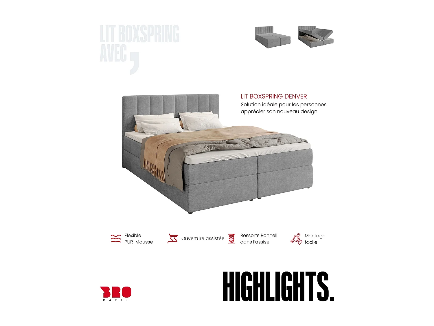 Lit boxspring avec rangement DENVER - matelas - surmatelas - gris - 180x200 cm
