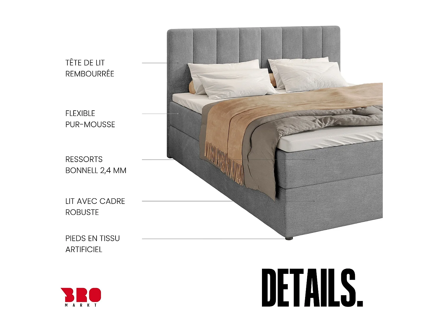 Lit boxspring avec rangement DENVER - matelas - surmatelas - gris - 180x200 cm