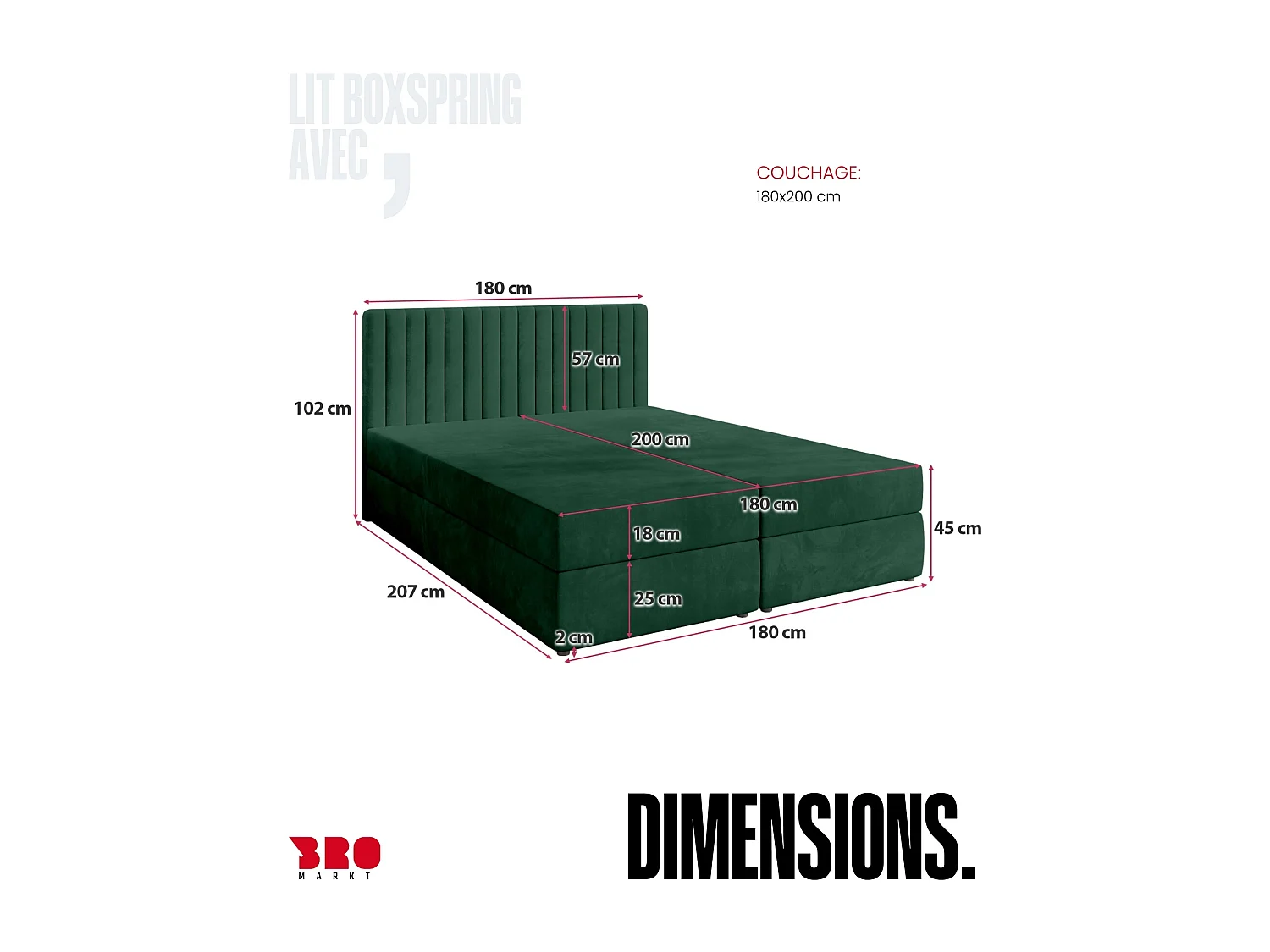 Lit boxspring avec rangement DREAM - matelas - surmatelas - vert - 180x200 cm