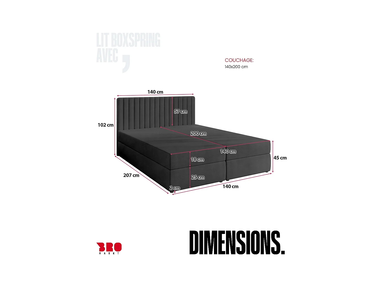 Boxspringbed met hoofdeinde, matras en dekmatras - DREAM - 140x200 - donkergrijs