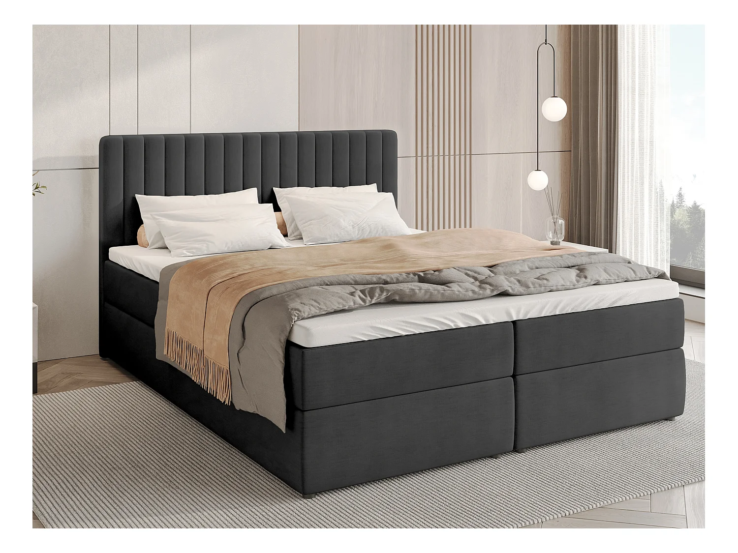 Lit boxspring avec rangement DREAM - matelas - surmatelas - gris foncé - 140x200 cm
