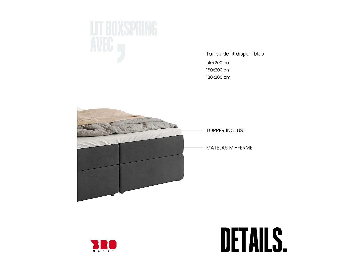 Lit boxspring avec rangement DREAM - matelas - surmatelas - gris foncé - 140x200 cm