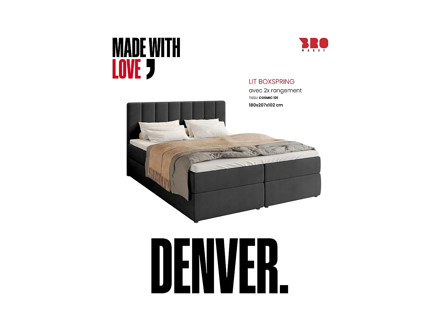 Boxspringbed met hoofdeinde, matras en dekmatras - DENVER - 180x200 - donkergrijs