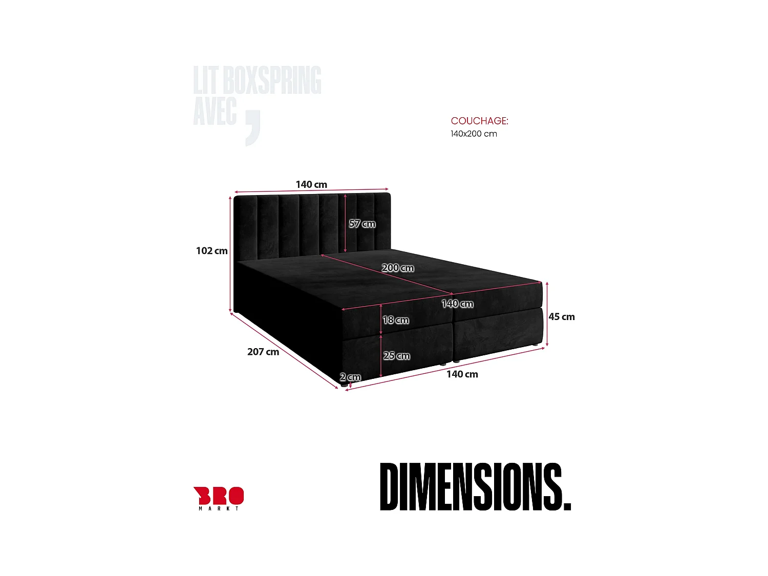 Boxspringbed met hoofdeinde, matras en dekmatras - DENVER - 140x200 - zwart
