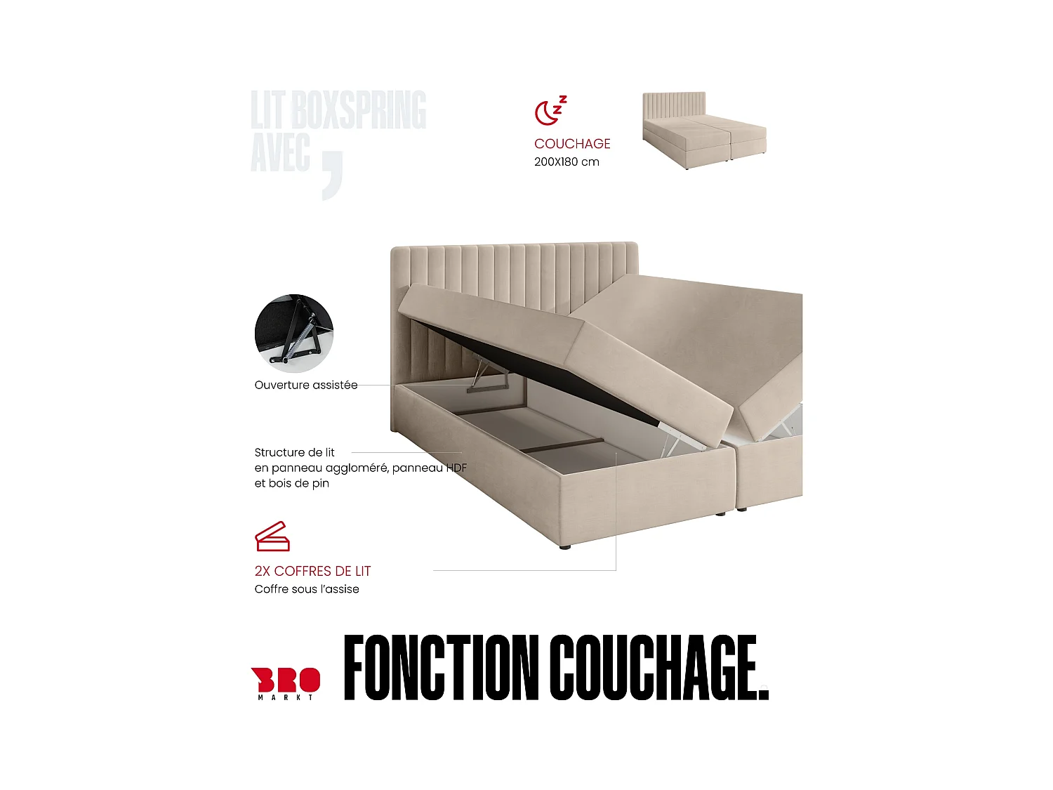 Boxspringbed met hoofdeinde, matras en dekmatras - DREAM - 180x200 - grijs