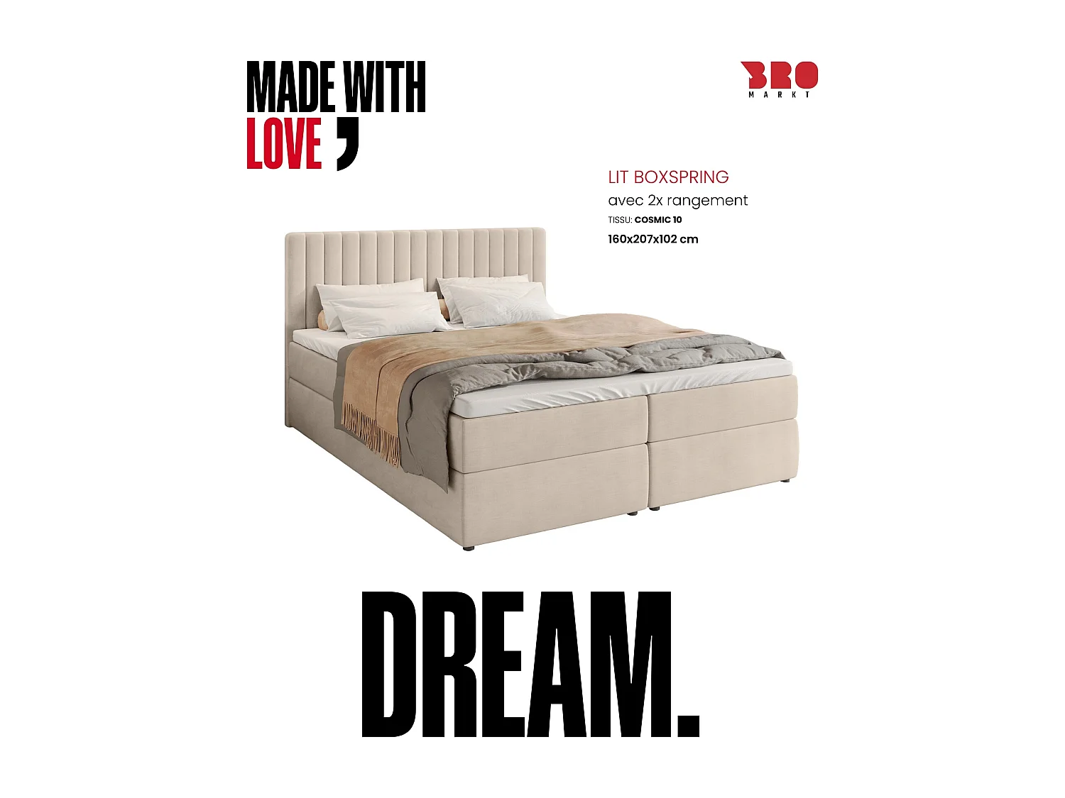 Lit boxspring avec rangement DREAM - matelas - surmatelas - beige - 160x200 cm