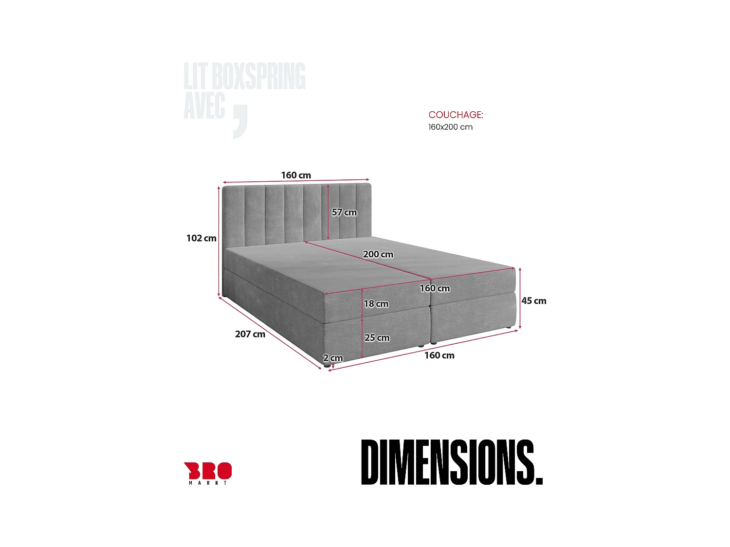 Boxspringbed met hoofdeinde, matras en dekmatras - DENVER - 160x200 - grijs