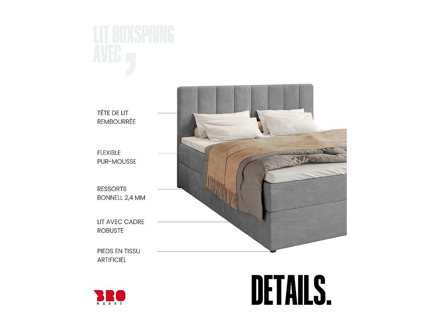 Lit boxspring avec rangement DENVER - matelas - surmatelas - gris - 160x200 cm