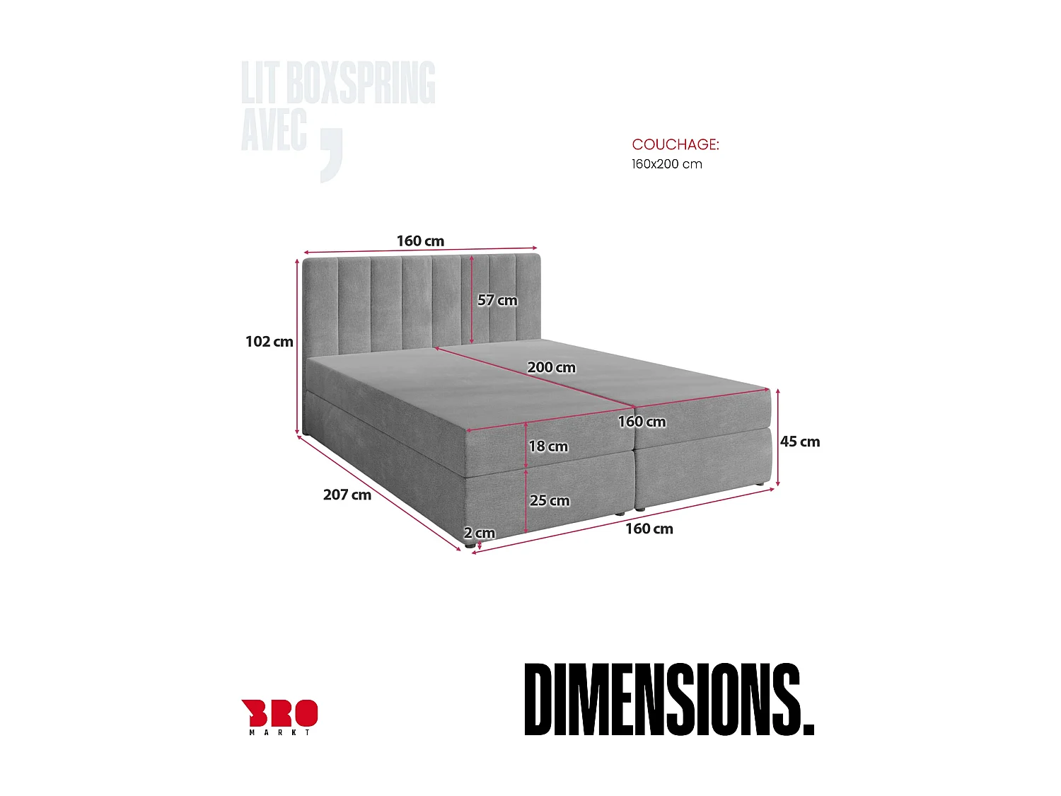 Lit boxspring avec rangement DENVER - matelas - surmatelas - gris - 160x200 cm