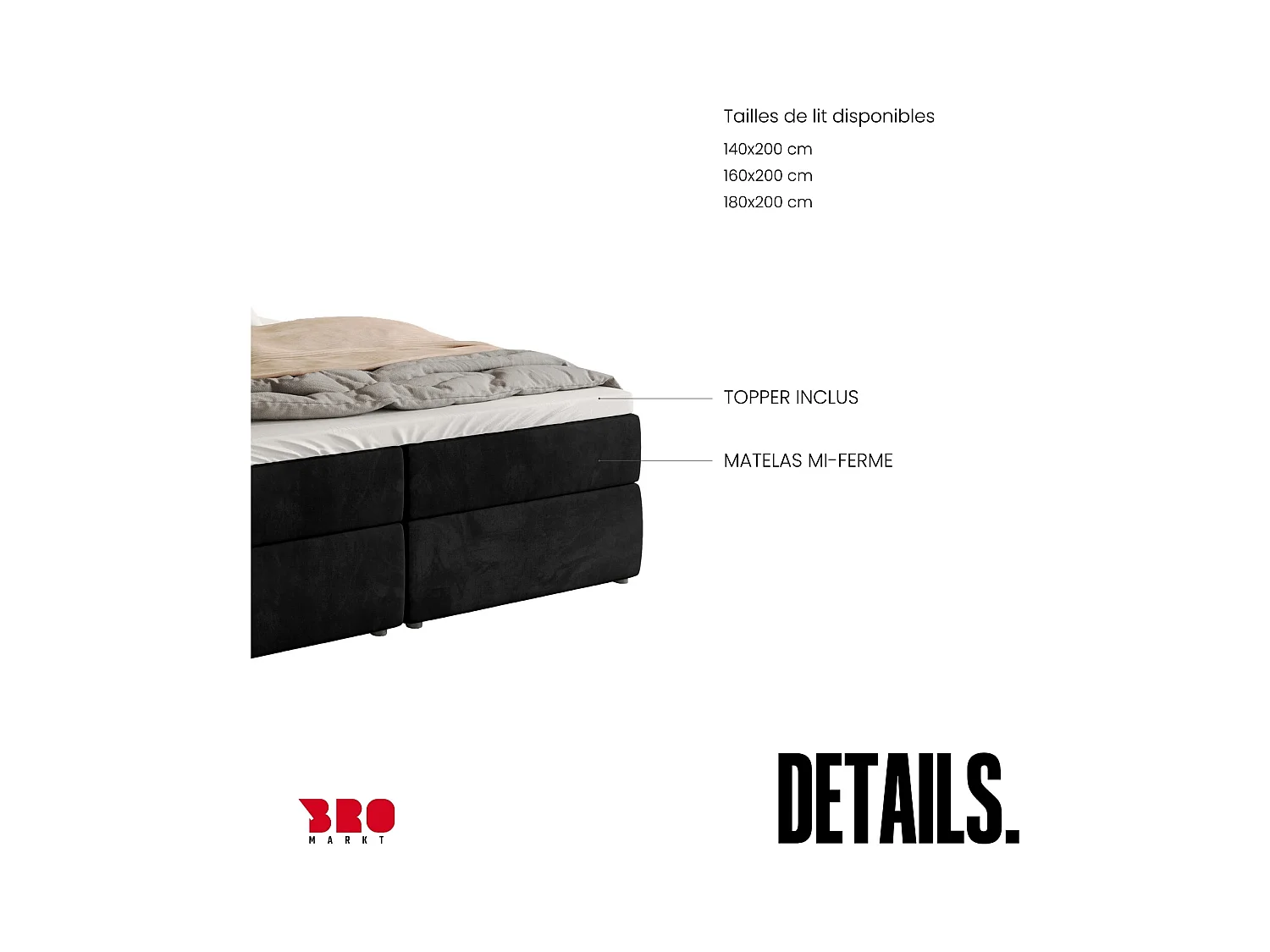 Boxspringbed met hoofdeinde, matras en dekmatras - DENVER - 180x200 - zwart