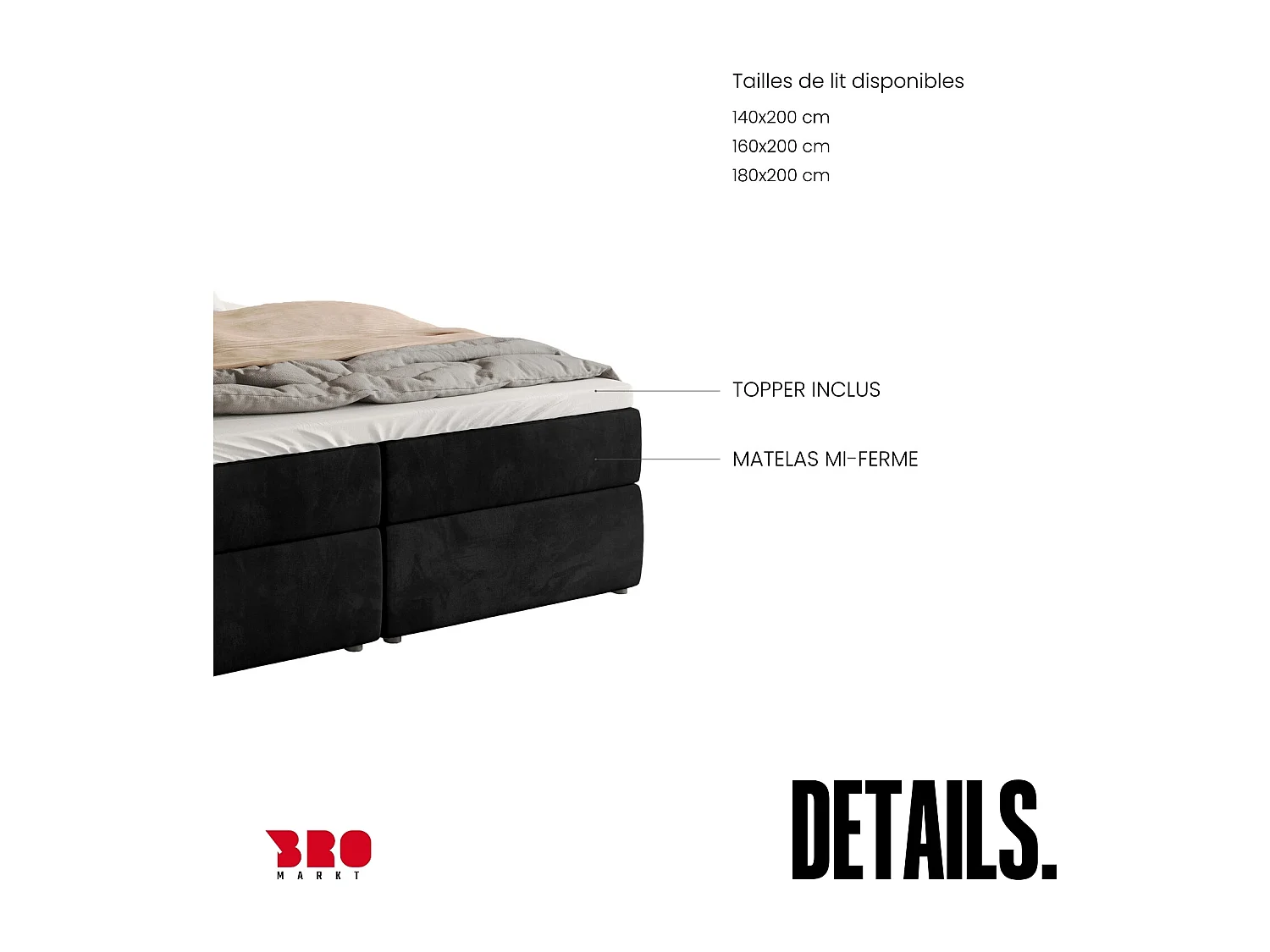 Lit boxspring avec rangement DENVER - matelas - surmatelas - noir - 180x200 cm