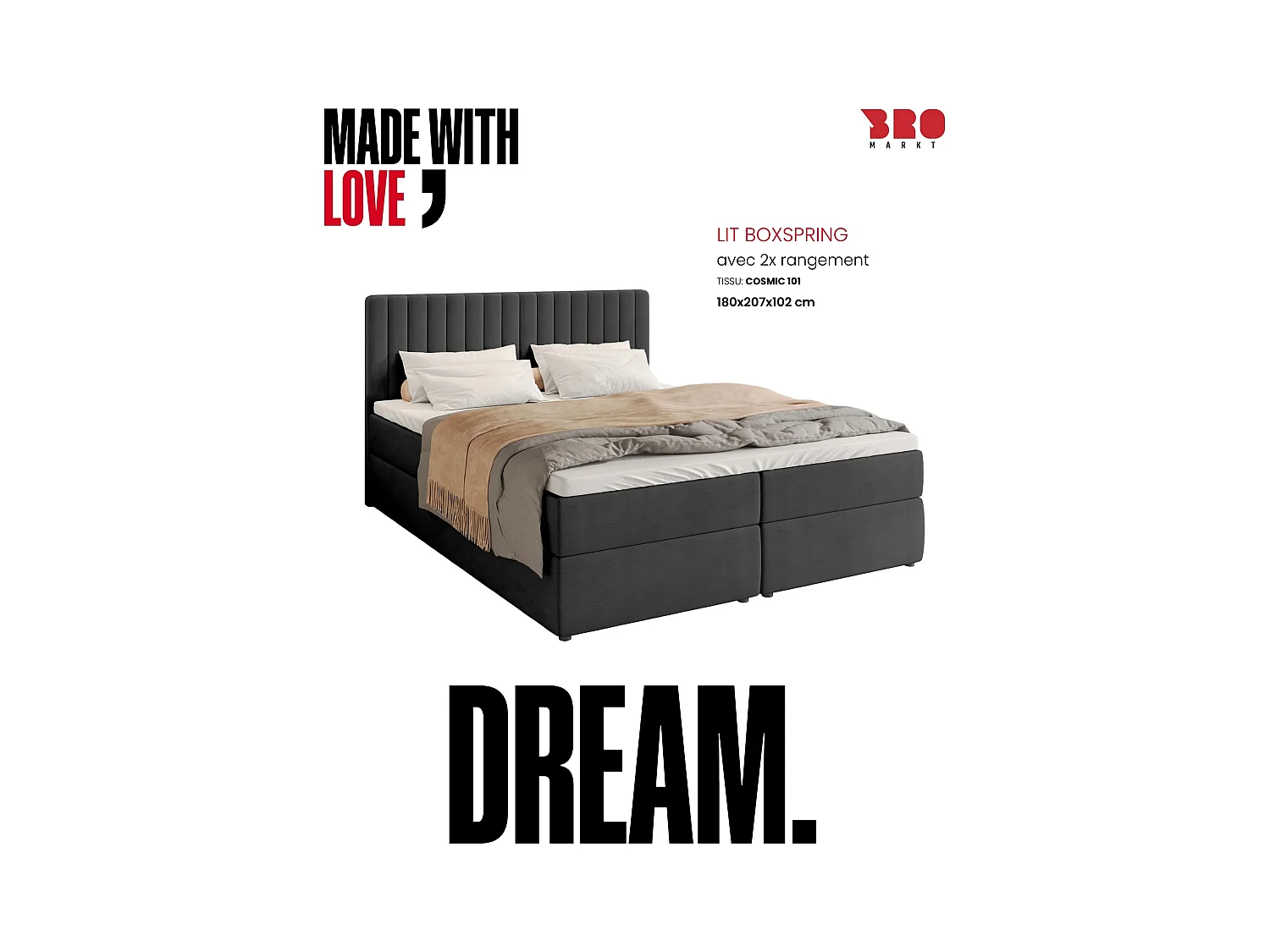 Boxspringbed met hoofdeinde, matras en dekmatras - DREAM - 180x200 - donkergrijs