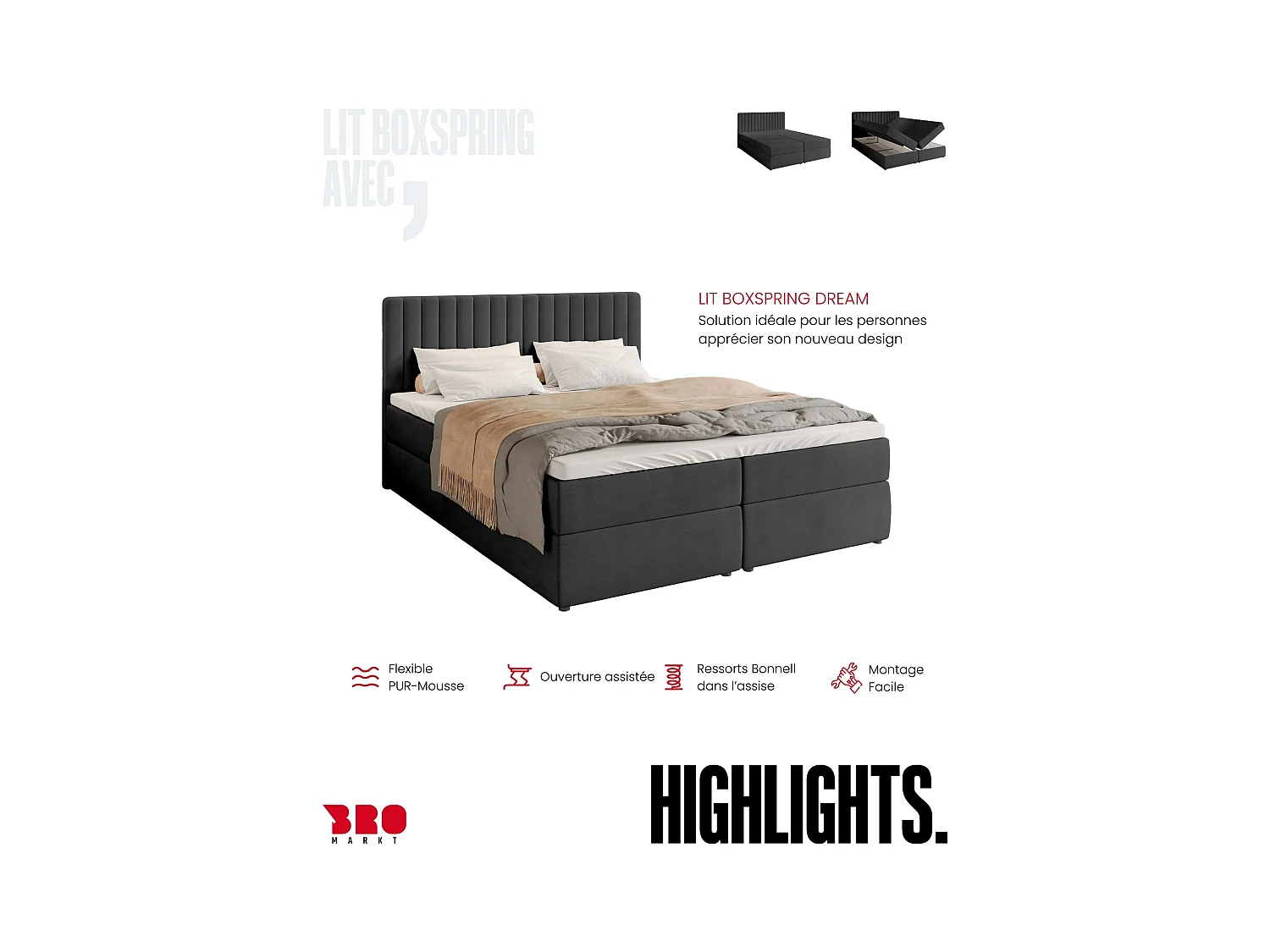 Boxspringbed met hoofdeinde, matras en dekmatras - DREAM - 180x200 - donkergrijs