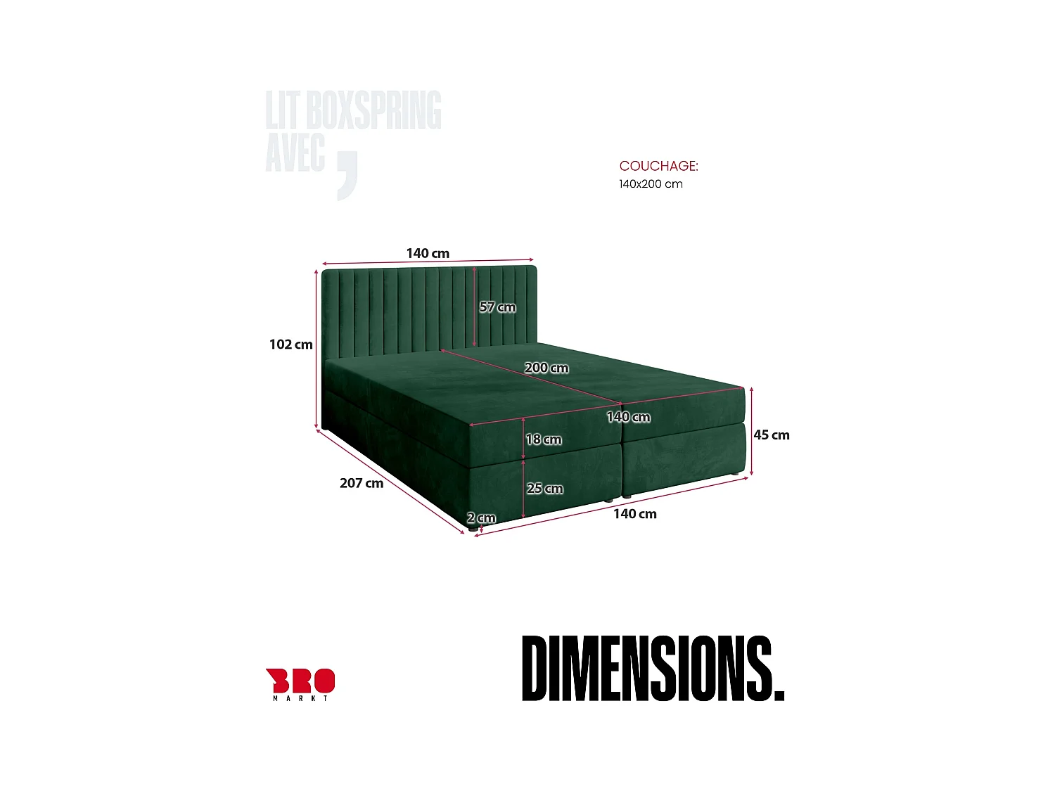 Boxspringbed met hoofdeinde, matras en dekmatras - DREAM - 140x200 - groente